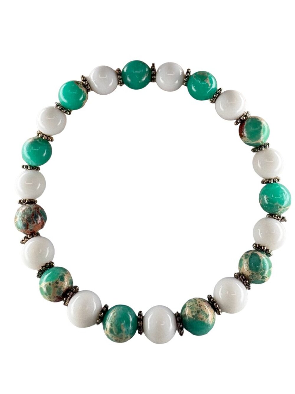 8mm Natural Green Imperial Jasper Tridacna Stretch Bracelet Silver Bead Gift